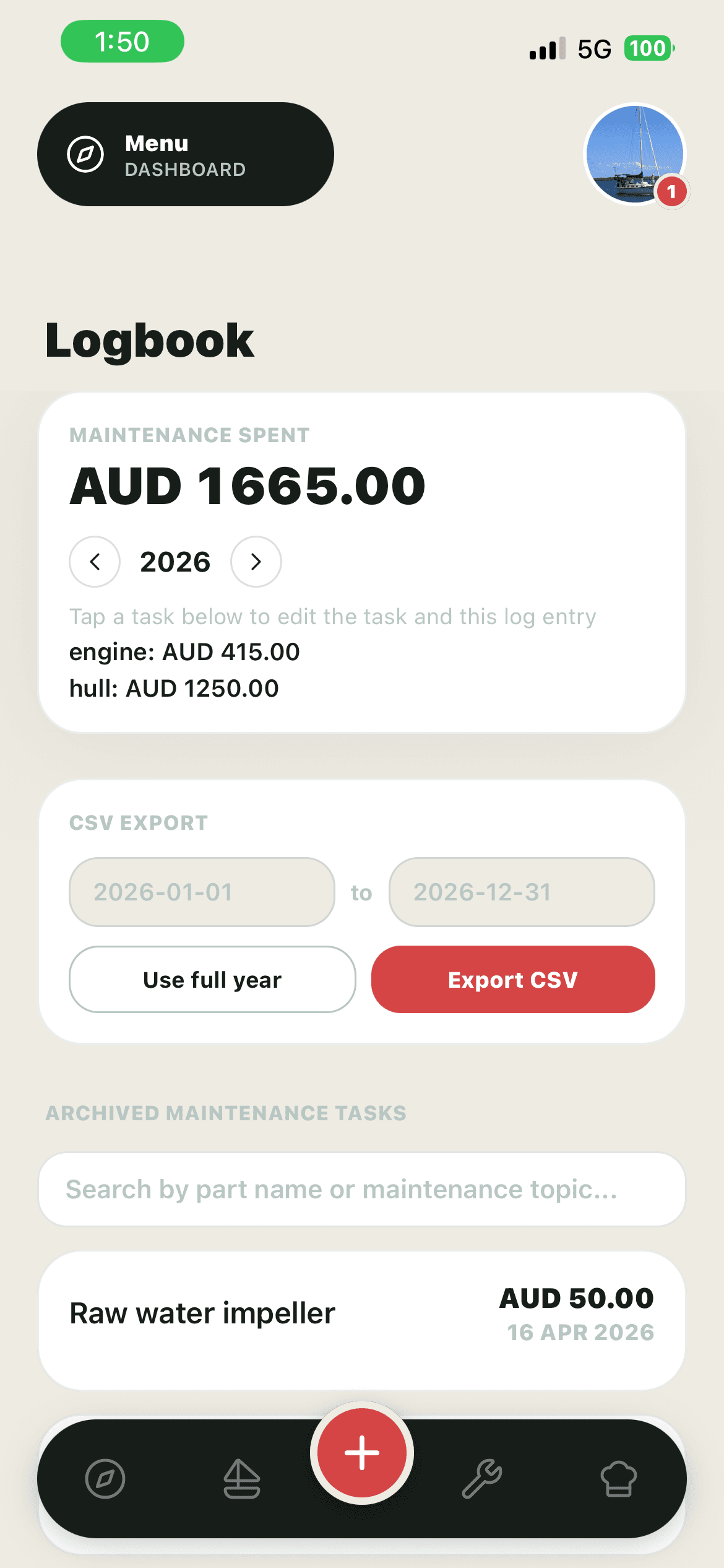 Logbook & spend screen in the Nautog app