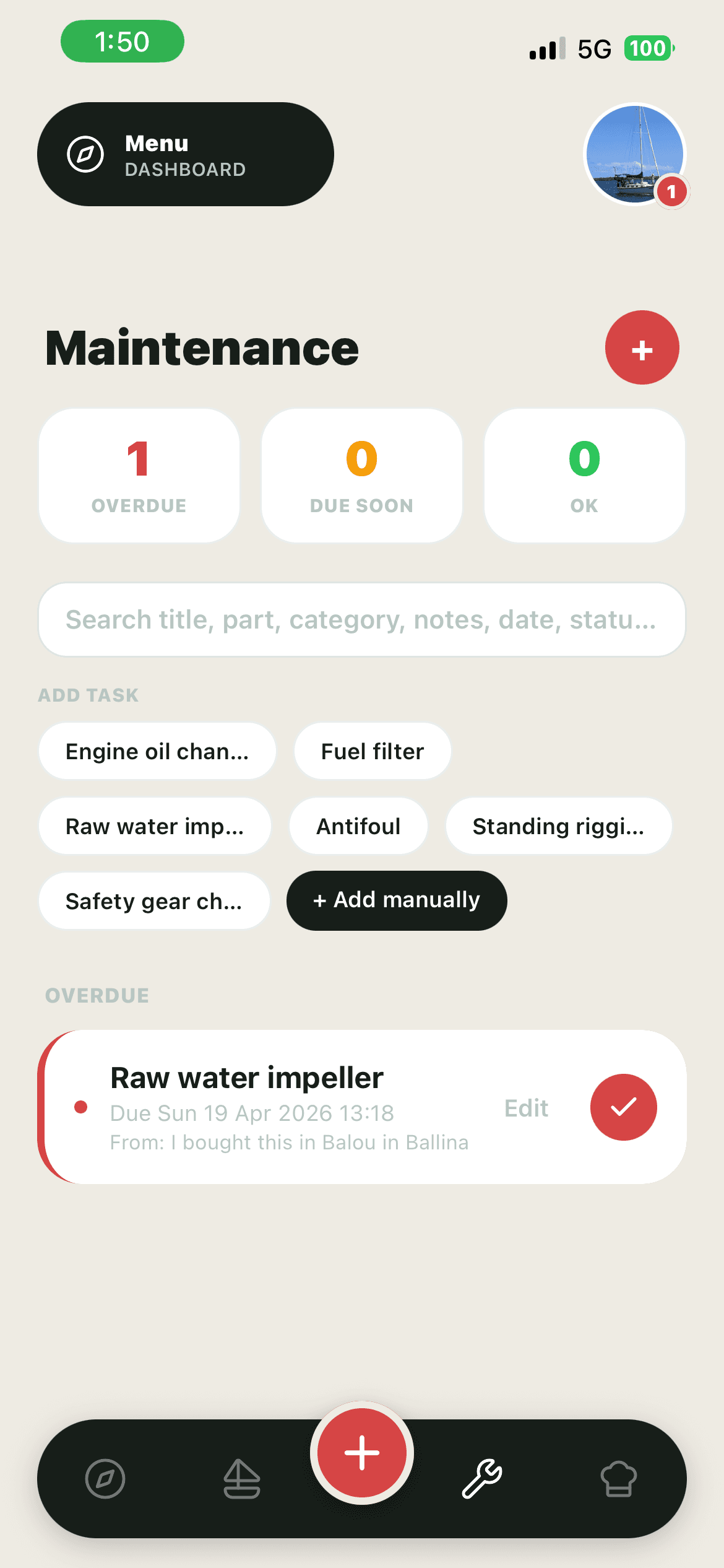 Maintenance screen in the Nautog app