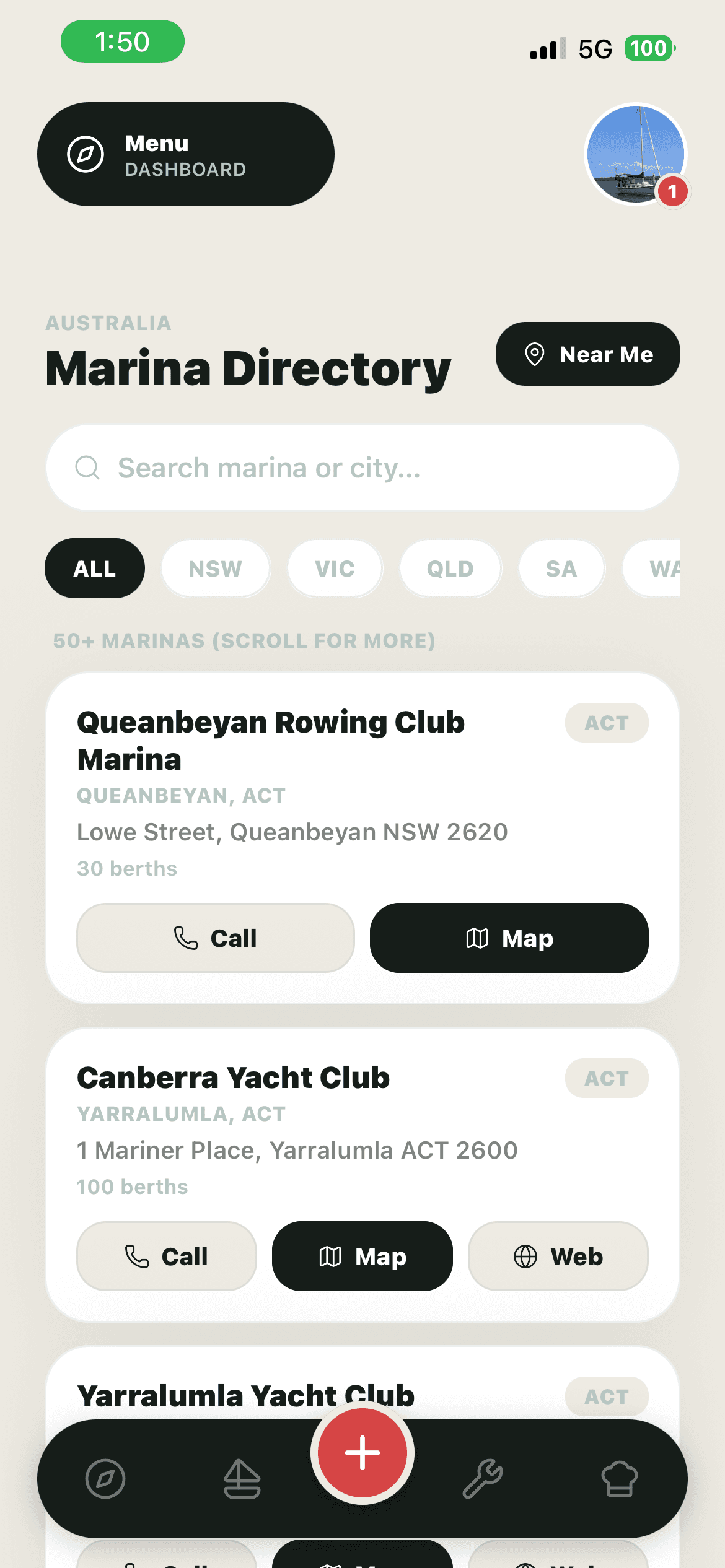 Australian marinas screen in the Nautog app