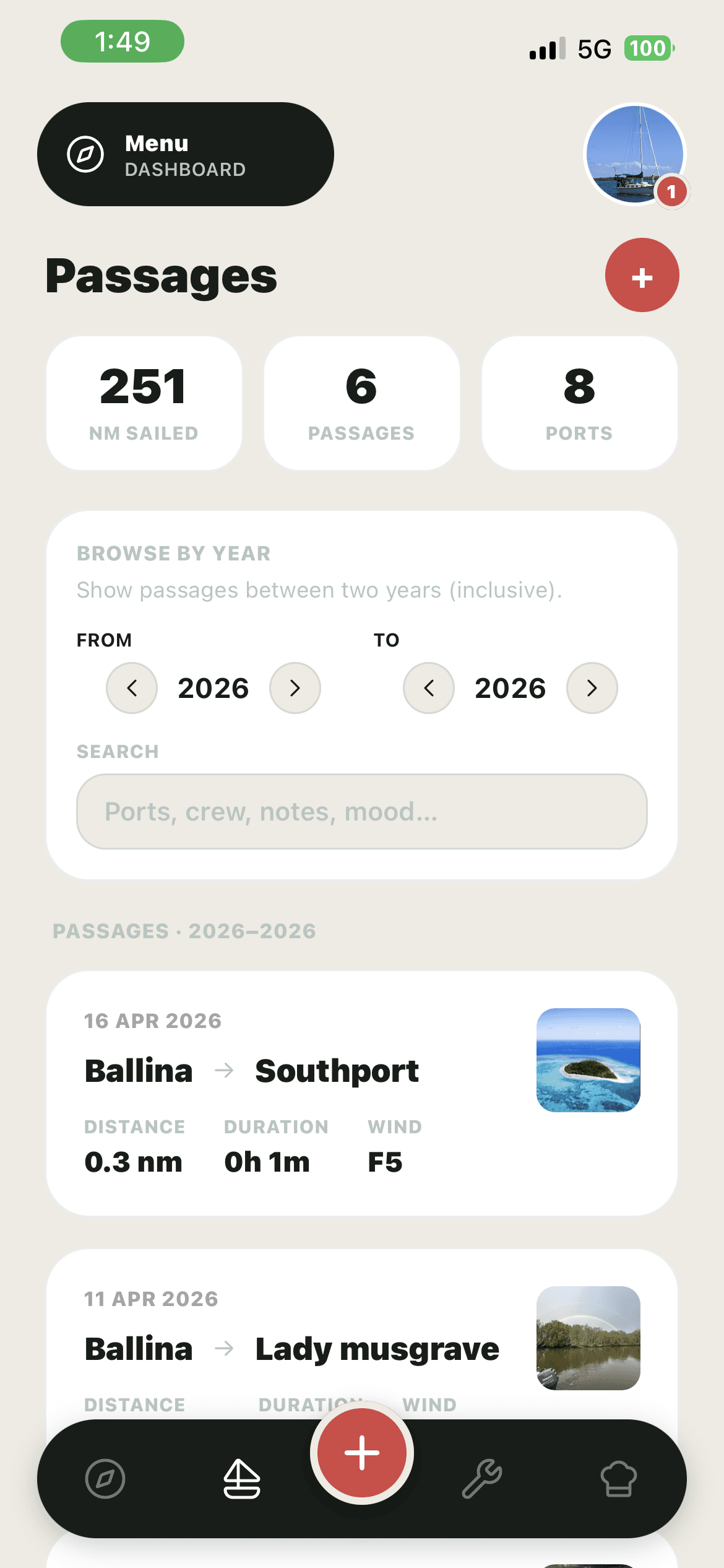 Passages & GPS screen in the Nautog app